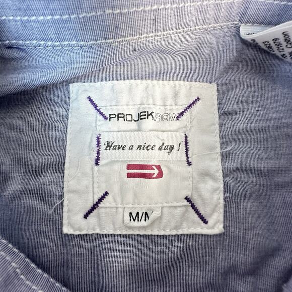 Projek Raw Shirt Mens sz M Button Up Short Sleeve Blue Embroidered Remember 1967 - Picture 4 of 11